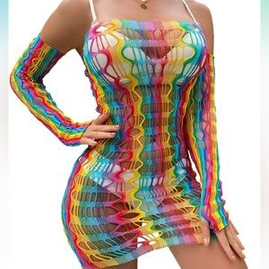 Rainbow Mesh Fishnet Dress | Rave Dress Festival Swim Cover Up